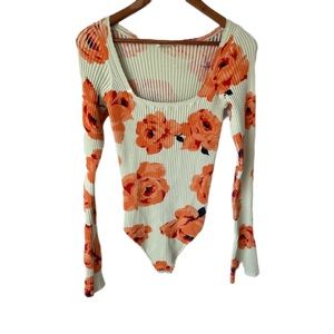 Free People Bodysuit Sz L Sweater Green Floral Stretch Long Sleeves Blouse Top